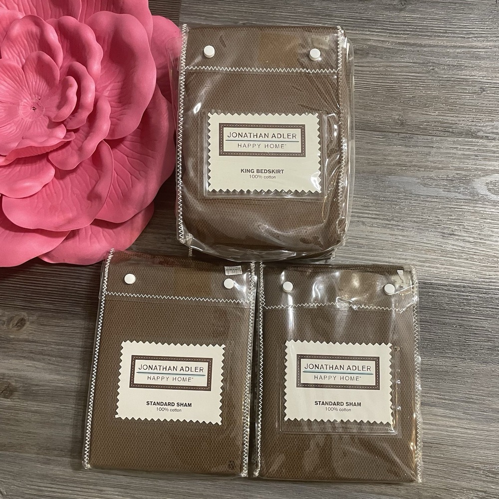 Lot of 3 JONATHAN ADLER Happy Home Brown 1 KING Bedskirt 2 Standard Shams *NEW